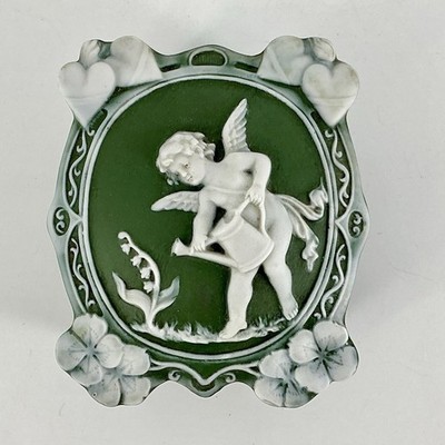 Early Goebel Jasperware Trinket Box Cherub Watering Can Flowers Green 1940 s