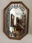 Vintage 80s Marsel Octagon Tiffany Stained Glass Floral Etched Mirror Oak Frame