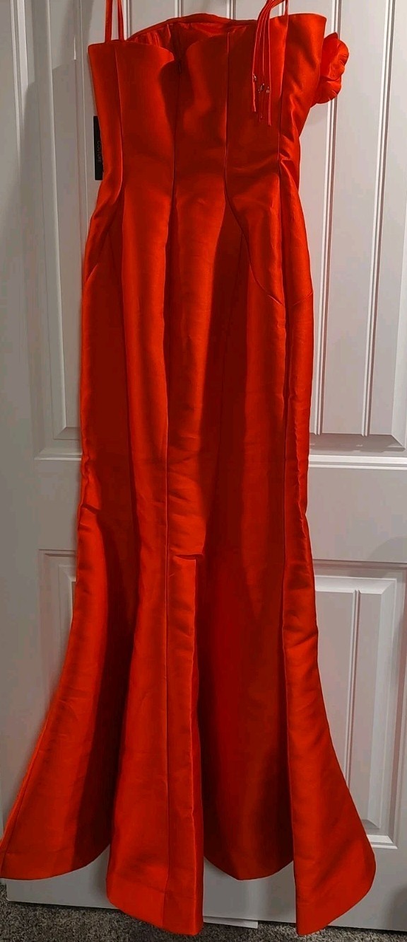 Terani Couture Red 3D Floral Strapless Mikado Column Evening Dress SZ:6 NWT