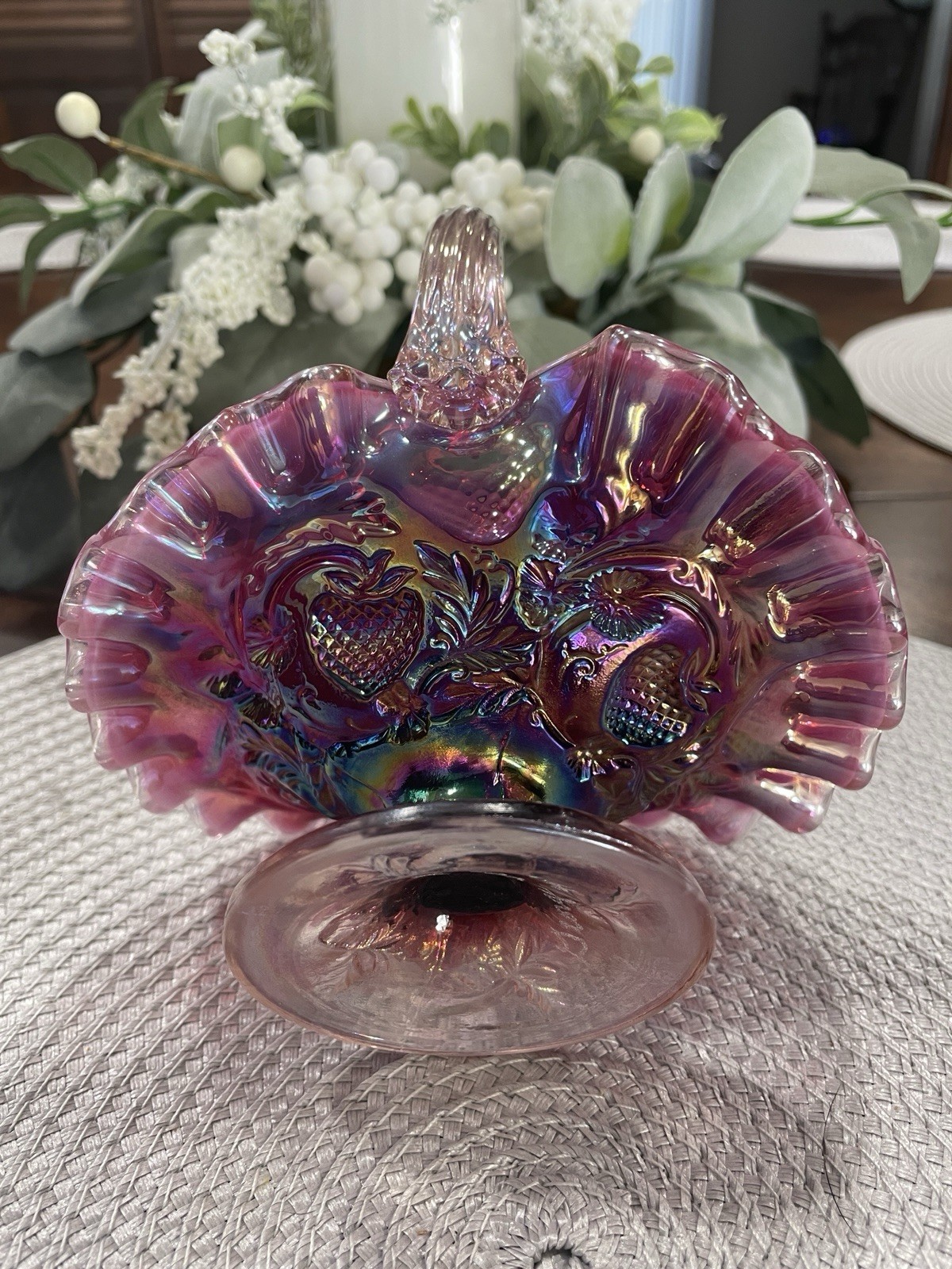 fenton plum opalescent inverted strawberry basket.  signed by george fenton