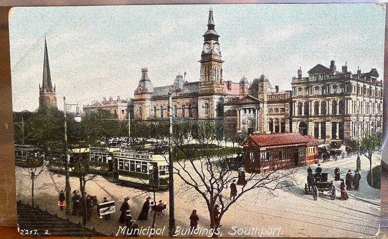 UK Postcard Municipal Buildings SOUTHPORT Merseyside England Hartmann Trams