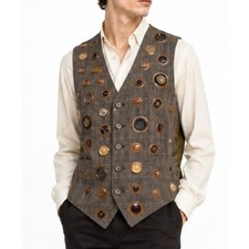VTG 1970s Button Art Wool Vest Unisex M Boho Professor Folk Art Waistcoat