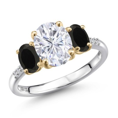 925 Silver and 10K Yellow Gold White Moissanite and Onyx and Lab Grown Diamond