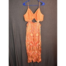 Farm Rio for Anthropologie Women's Large V Neck Cutout Maxi Dress Orange Resort