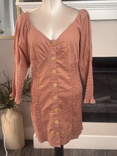 ASOS Petite Button Front Smocked Off Shoulder Long Sleeve Mini Dress Rose Pink