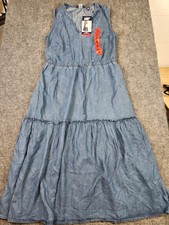 Lands' End Ladies' Lyocell Tiered Midi Dress Blue Size Medium Elastic Waist NWT