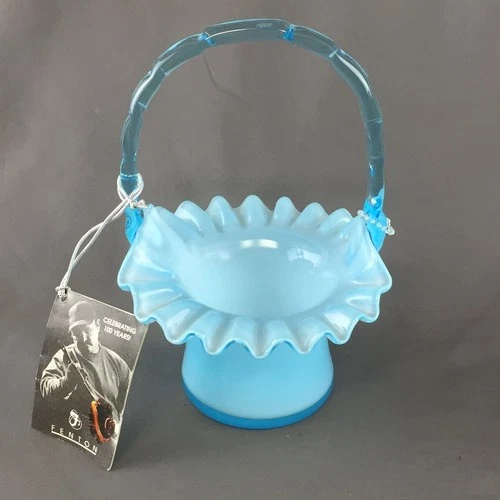 Vintage Fenton Blue Overlay Ruffled Edge Top Hat Glass Basket Reed Handle 6 1/2"