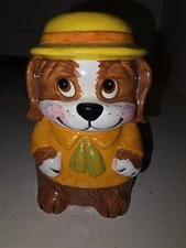 Vintage Puppy Dog Figurine Coin Bank Yellow Hat Orange Shirt