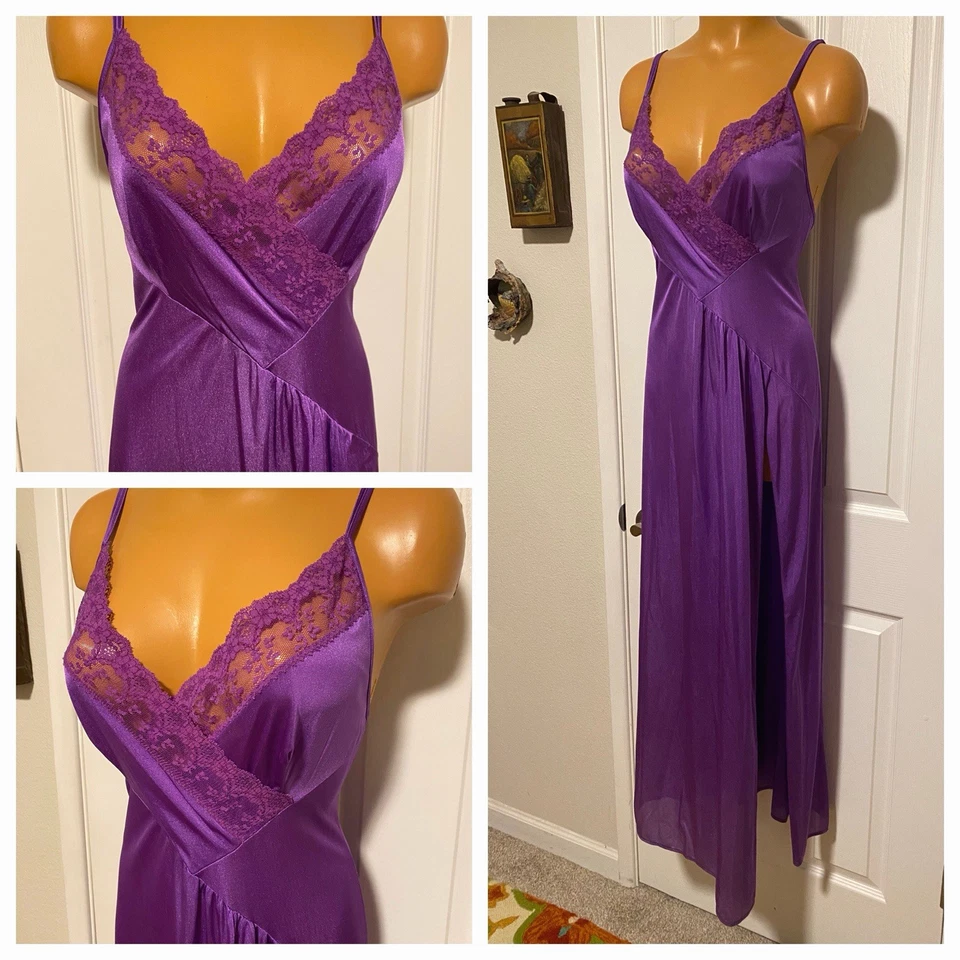 CAMISÓN LARGO DE NAILON VINTAGE AÑOS 70 VIOLETA PÚRPURA CON CANESÚ DE ENCAJE Y ESPALDA BAJA TALLA M Foto 2 de 4
