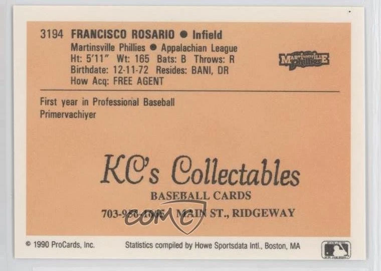 1990 ProCards Minor League Francisco Rosario #3194 - Image 2 of 2