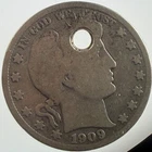 1909-S Barber Half Dollar VG Holed 90% Silver Key Date U.S. Coin
