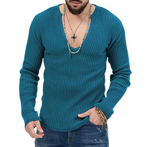 Men Long Sleeve V Neck Top Ribbed Knit T-Shirt Casual Slim Muscle Tee Blouse UK - Picture 11 of 42