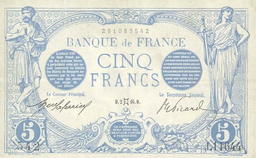 TOILE TABLEAUX billet de banque 5 francs 50X70 CM