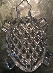 Bohemia Clear Glass Turtle Ashtray Made in Czechoslovakia Diamond Pattern