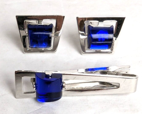 Anson Vintage Mid Century Bright Blue LUCITE Gem Shiny Silvertone Cufflinks Set