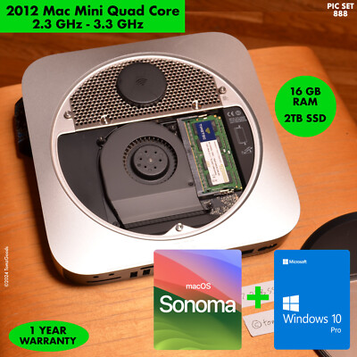 MacOS SONOMA + WINDOWS 10 PRO 2012 Mac Mini 2.3GHz i7 QUAD CORE 16GB RAM 2TB SSD