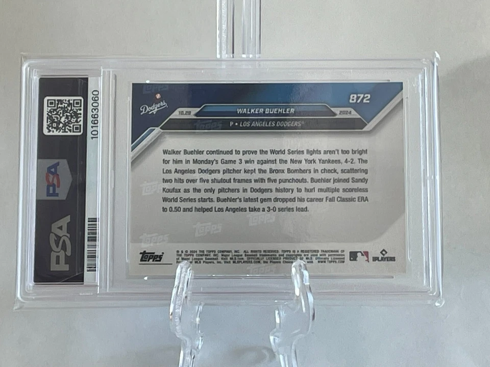 2024 MLB Topps Now Walker Buehler Los Angeles Dodgers Card #872 PSA GEM MT 10 - Image 3 of 3