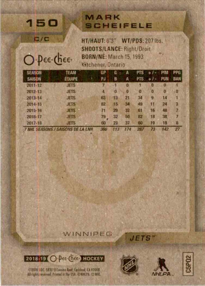 2018-19 O-Pee-Chee Mark Scheifele #150 - Image 2 of 2