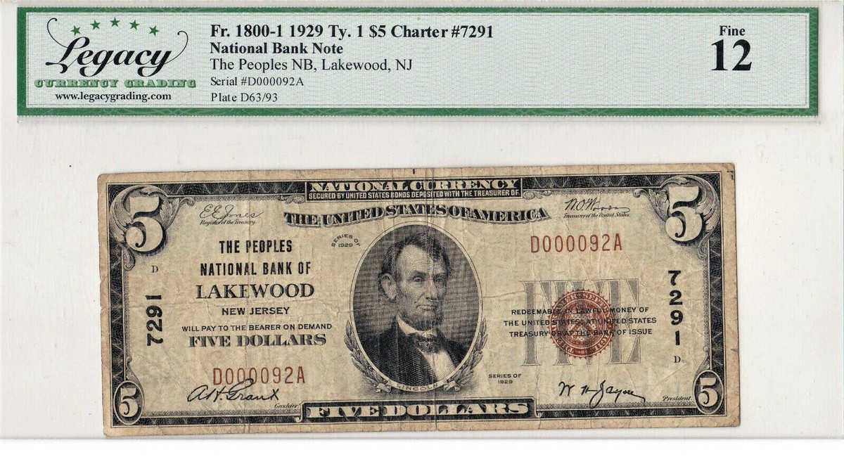 $5 1929 T1 National LAKEWOOD New Jersey NJ 