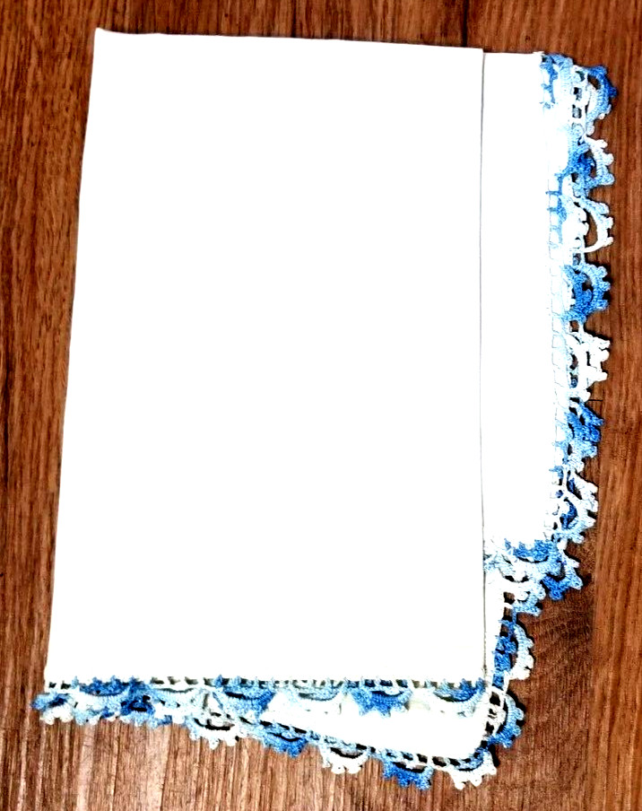 VTG Linen Table Runner or Dresser Scarf Handmade Blue Crochet Border 16" x 24"