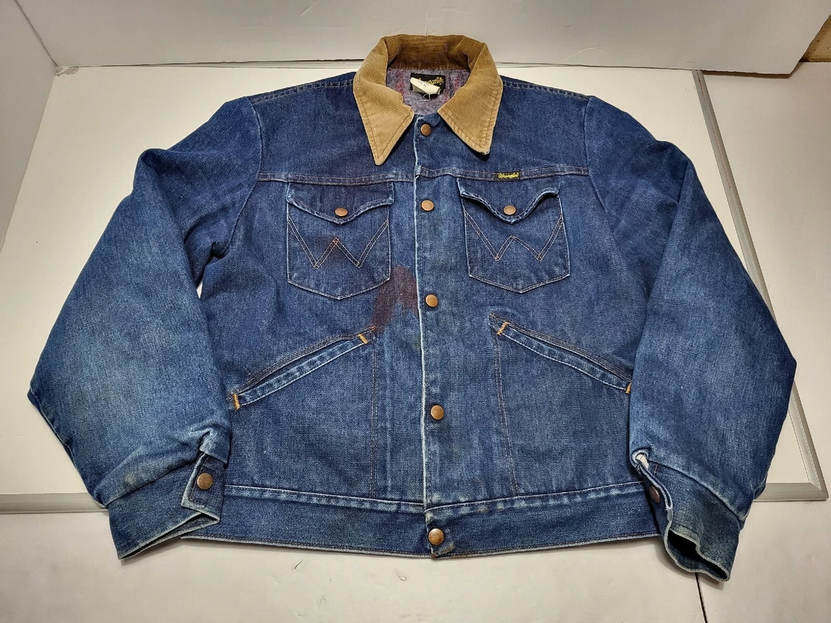 Vintage Wrangler No Fault Blanket Lined Denim Jacket Corduroy Collar Size 40