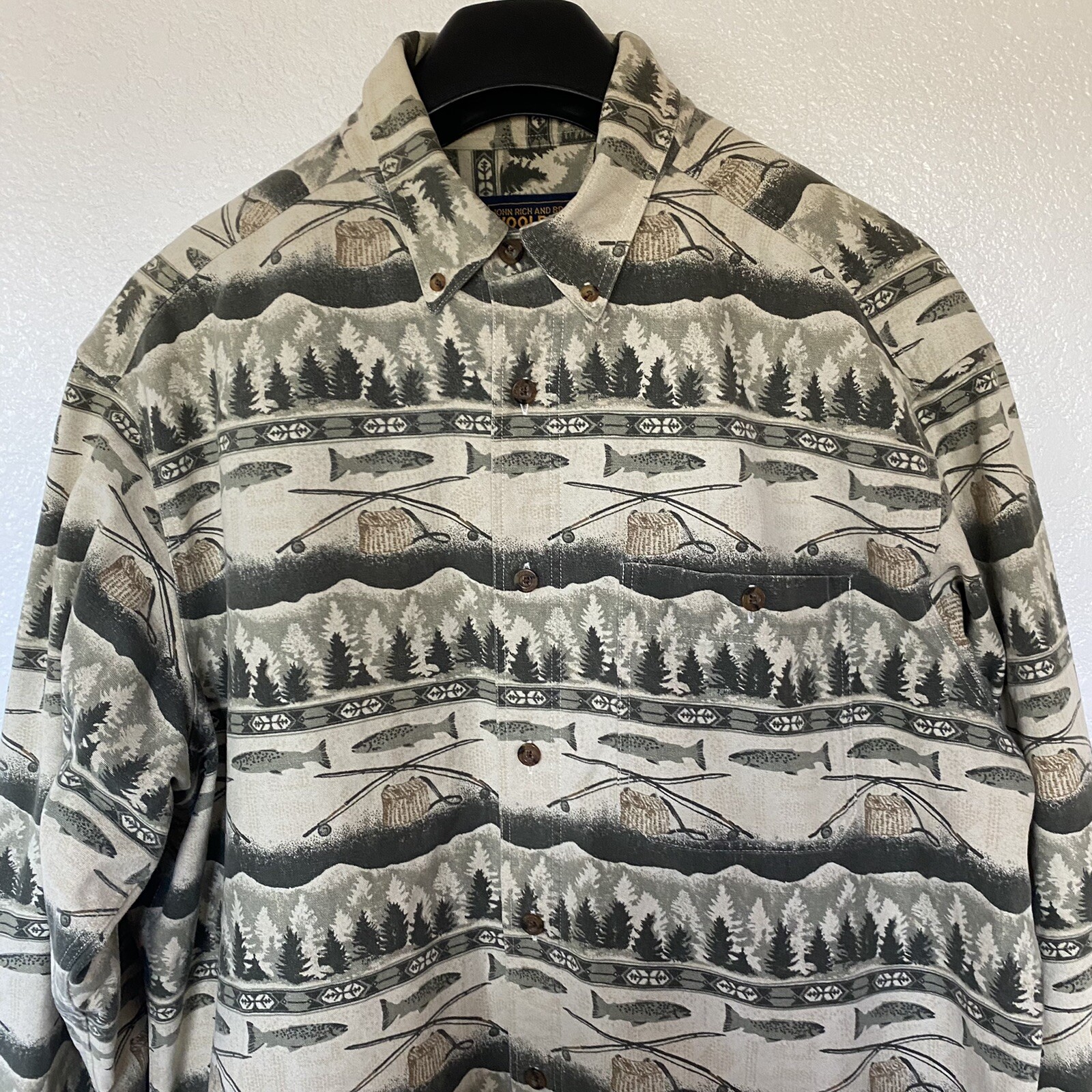 Woolrich John Rich and Bros. Men’s Fishing Pattern Long Sleeve Full Button Shirt