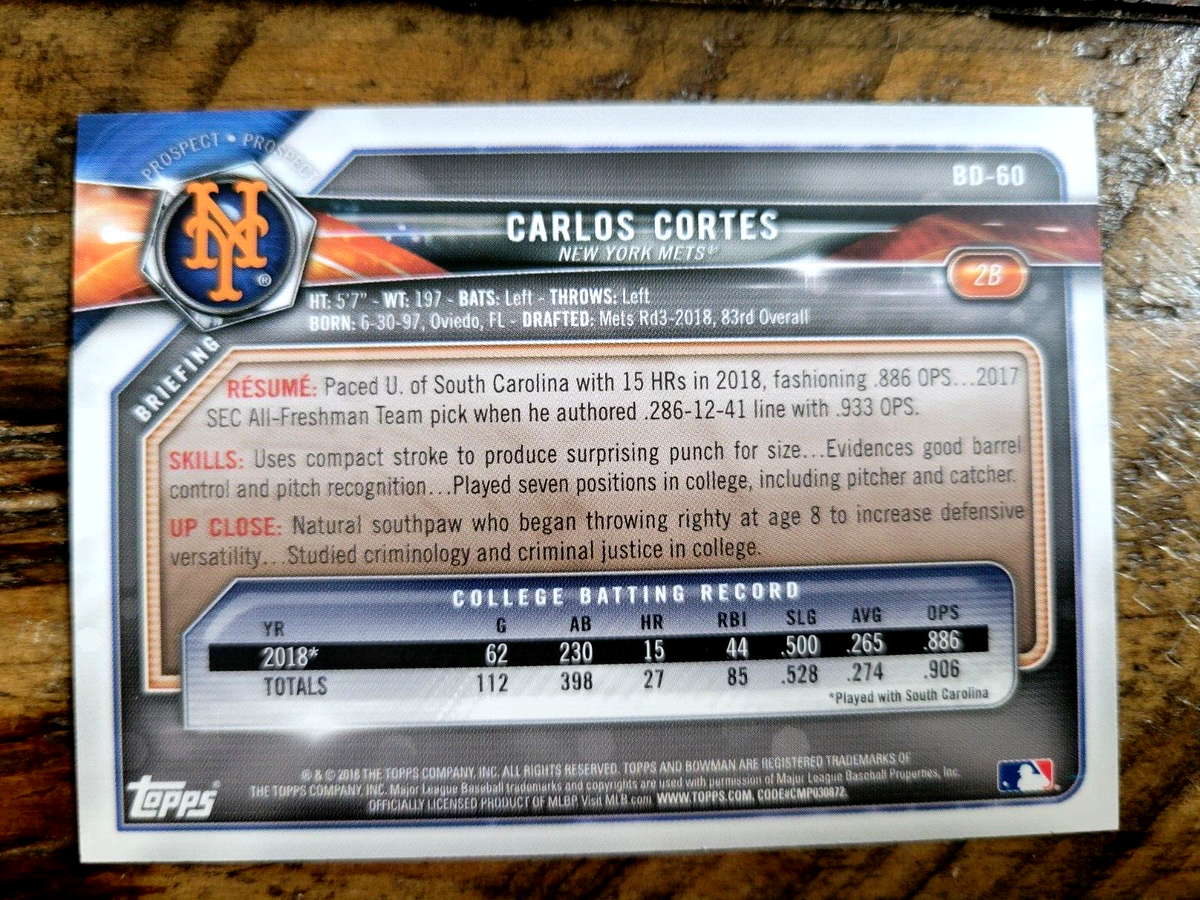 2018 Bowman Draft #BD-60 Carlos Cortes Sky Blue New York Mets 346