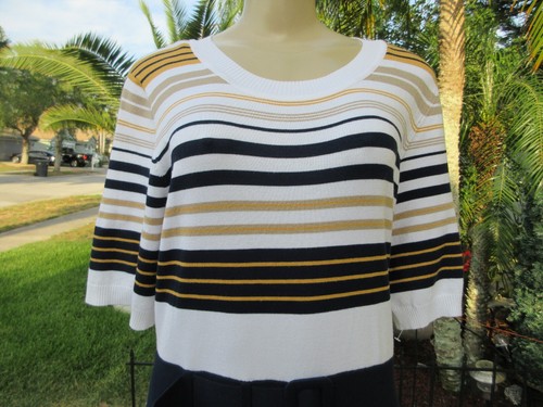 Ashley Stewart Size 14/16 Striped Knit Midi Dress Belted Short Sleeve Navy Gold - Picture 4 of 11