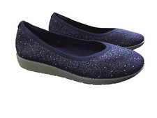 Skechers Stretch Fit Memory Foam Sparkle Beaded Navy 1" Wedge Ballet EUC Sz 8
