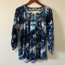 Figueroa Flower Women Blue 3/4 Balloon Sleeve Split Tie V Neck Blouse Top SZ L
