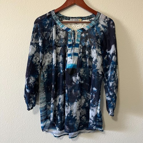 Figueroa & Flower Women Blue 3/4 Balloon Sleeve Split Tie V Neck Blouse Top SZ L