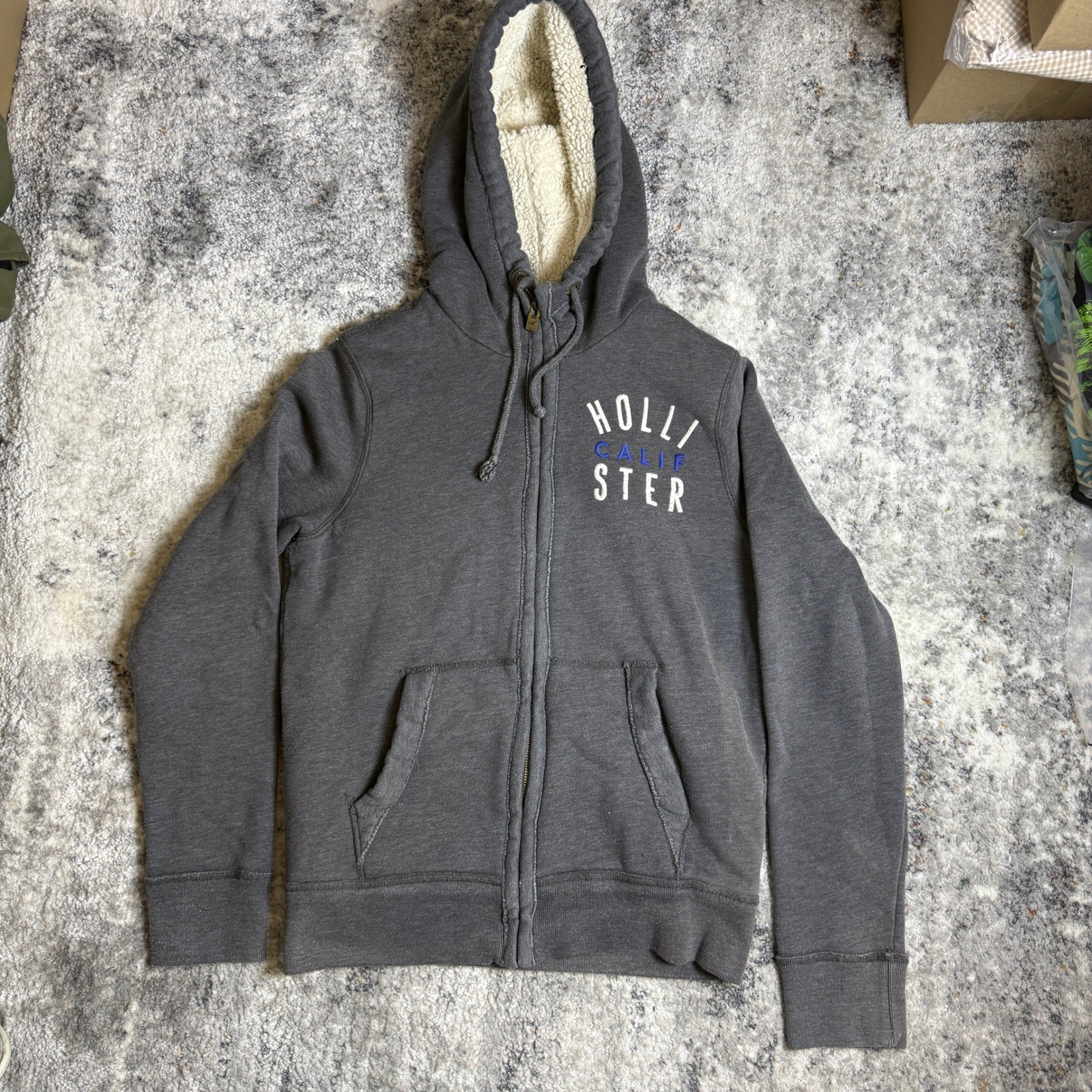 Hollister Mens Sherpa Lined Hoodie Full Zip Charcoal Gray Sweatshirt Size M