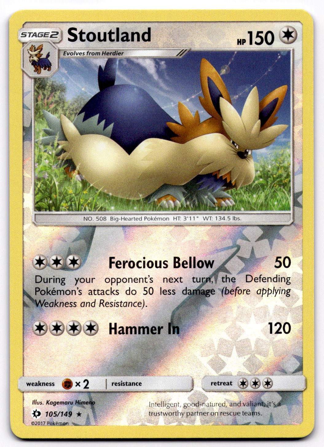 Stoutland 105/149 SM Sun & Moon Base Set Reverse Holo Rare Pokemon Card - NM