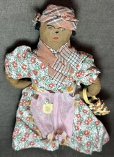 Vintage African American 10" Folk Art Black Straw Stuffed Rag Doll Handmade