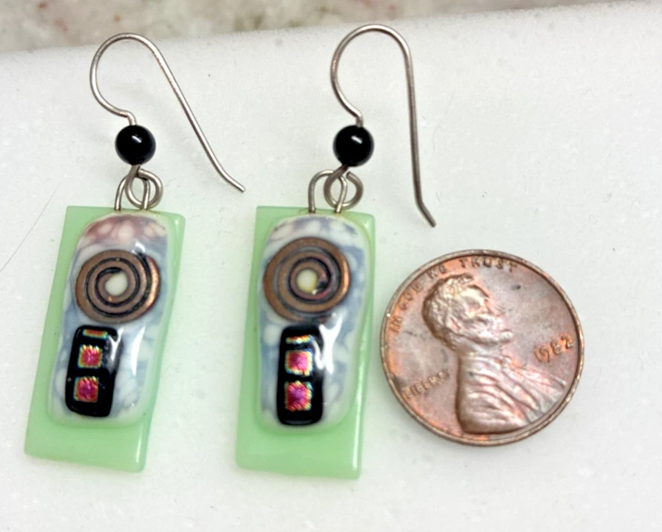 Adajio Earrings Light Blue Green Column Hematite Landscape Overlay Handmade USA - Image 3 of 4
