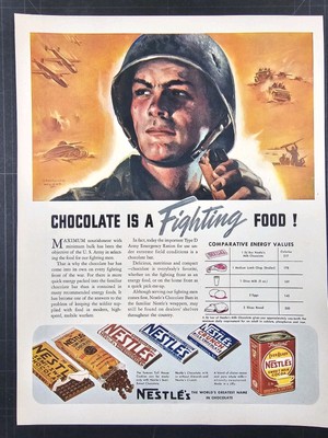 1942 wartime magazine ad for Nestle, chocolate is fighting food. by Wilbur