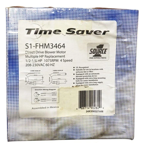 Source 1 S1-FHM3464 Direct Drive Blower Motor 1075RPM 4spd 1/6-1/2hp New
