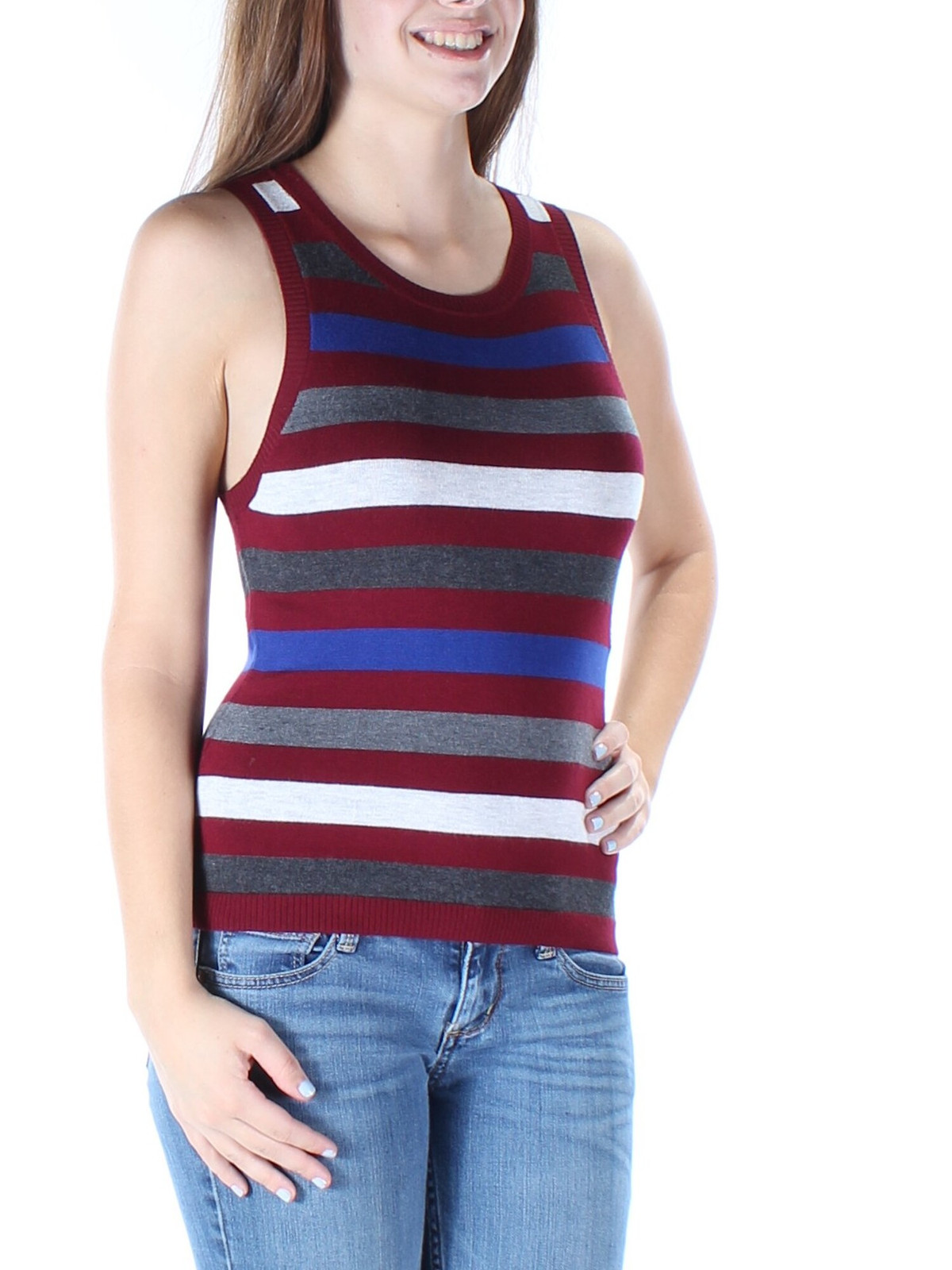 KENSIE Womens Maroon Striped Jewel Neck Top XS