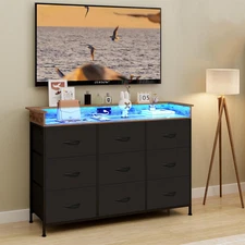 Black Dresser for Bedroom with Charging Station 9 Drawers Dresser with LED Light