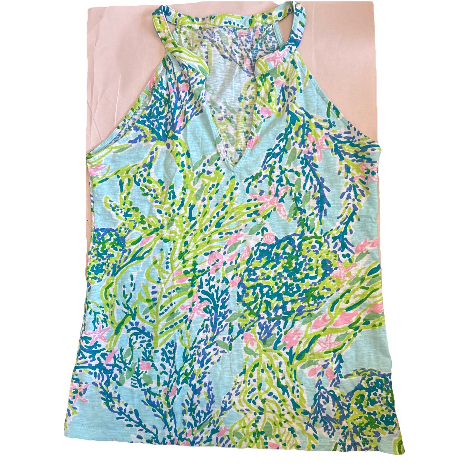 Lilly Pulitzer Blue Green Pink Coral Print Cotton Halter V-Neck Tank Top Small