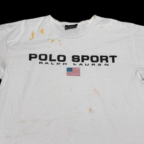 Vintage Polo Sport Ralph Lauren Stained White Logo Cotton Shirt Adult Large - Picture 2 of 8