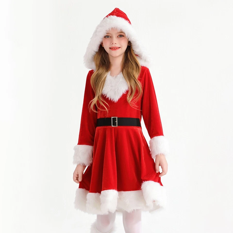 Christmas Party Kids Baby Girls Toddler Red Velvet Santa Claus Hooded Dresses - Image 2 of 4