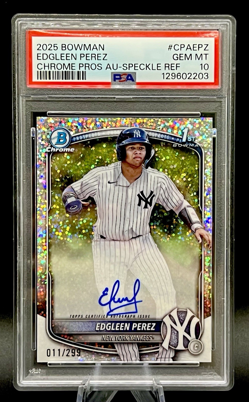 EDGLEEN PEREZ 2025 BOWMAN CHROME 1ST SPECKLE REFRACTOR AUTO /299 PSA 10