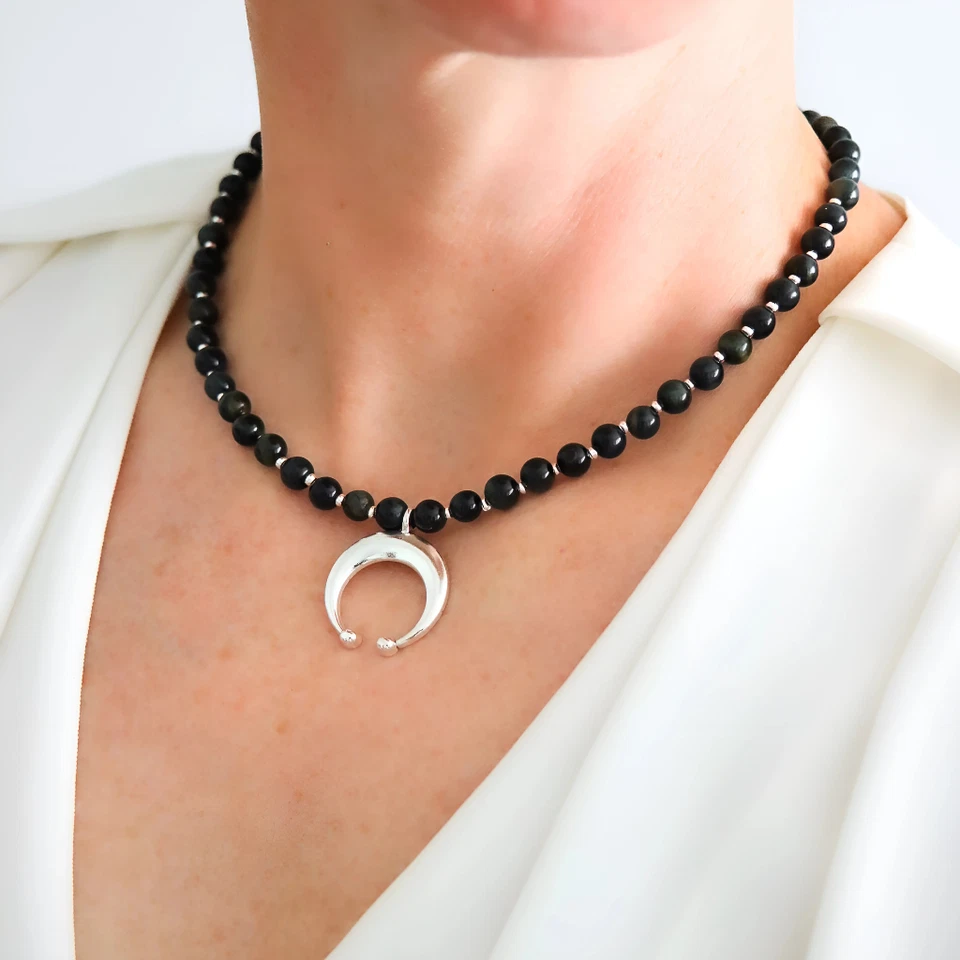 Blue Tiger's Eye Crescent Moon Choker Necklace - Image 2 of 4