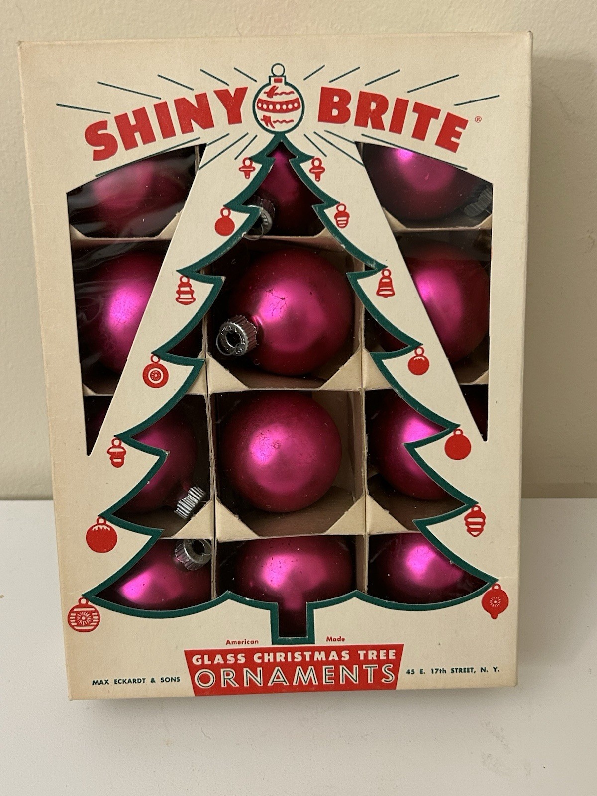 12 Vintage Shiny Brite Pink Ball Glass Ornaments Original Christmas Tree Box 2”