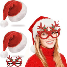 2Pcs Santa Hat, Red Fluffy Christmas Santa Hat with Extra Thicken Fur for Adult