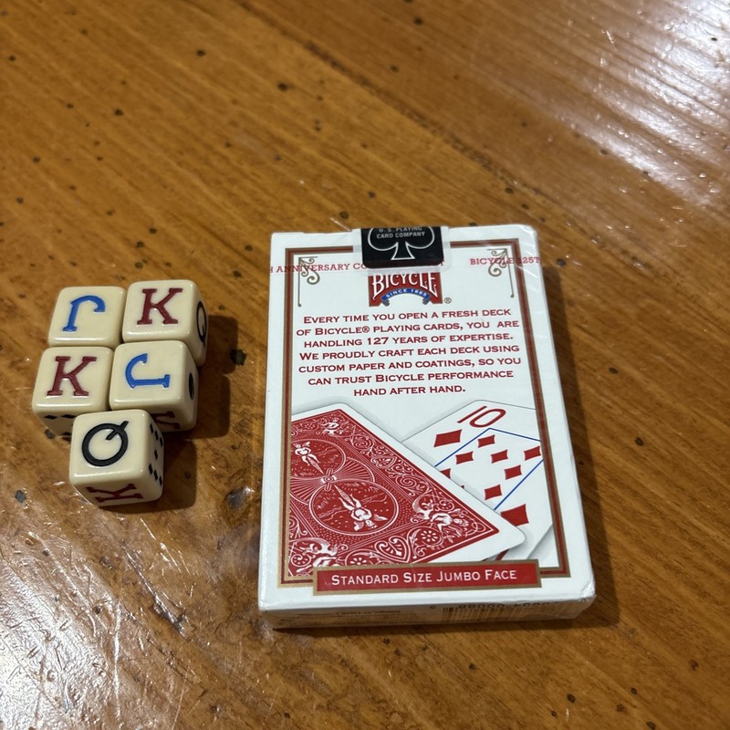 Vintage Spanish 1950's poker dice set with new Bicycle deck of cards 2012