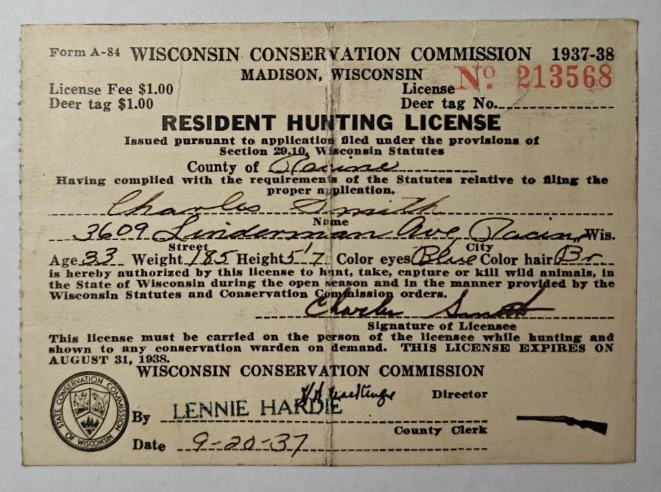 1937–38 Wisconsin Resident Hunting License Card RW4 $1 Federal Duck Stamp - Image 2 of 2