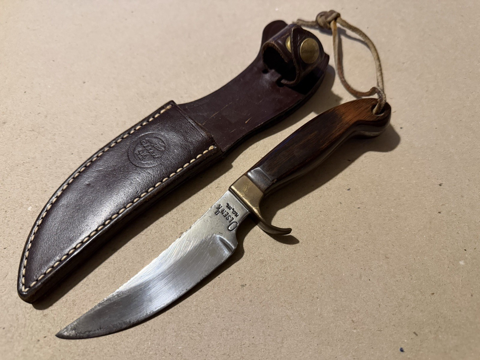 Olsen Ok Brand Knife Howard Michigan Wood Handle Leather Sheath VTG Vintage