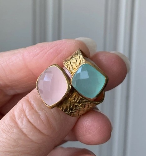Yellow Gold Plate Facet Cut Glass Pastel Pink Blue Jeweled Wrap Ring Adjustable - Picture 19 of 24